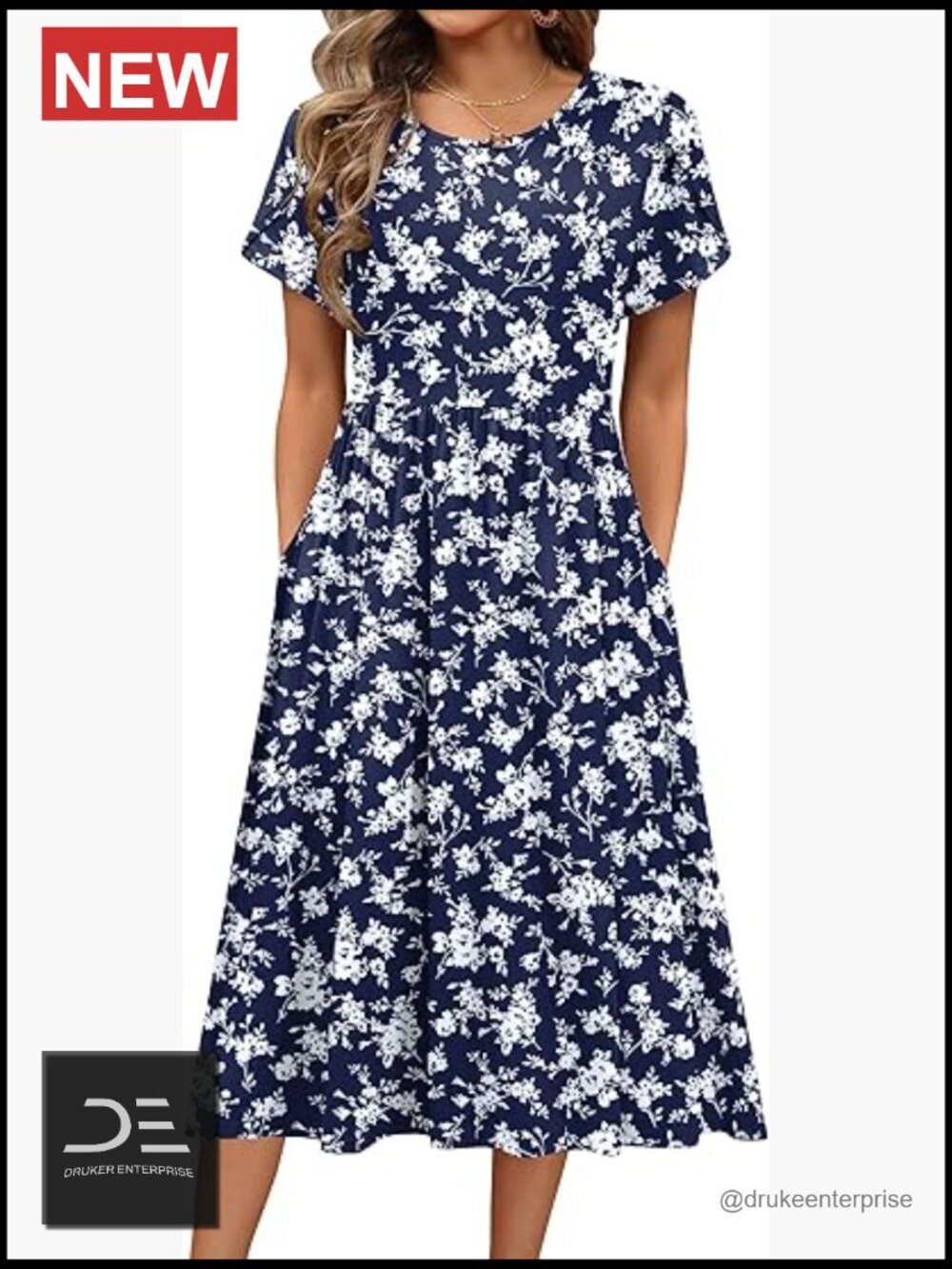 A-Line Midi Dress with Pockets - Flowy Short Sleeve Casual Sundress